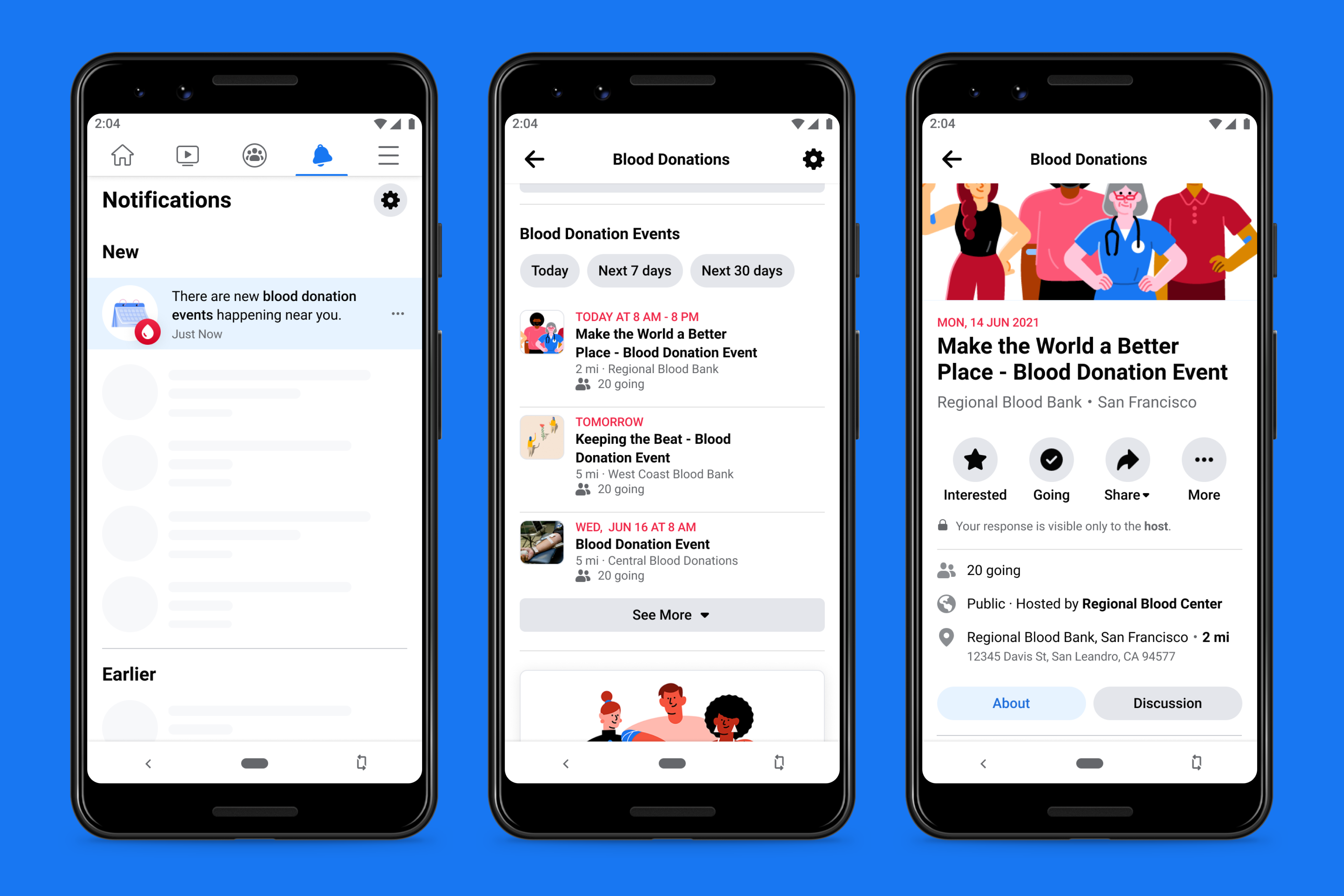 Screenshots of Blood Donations tool on Facebook